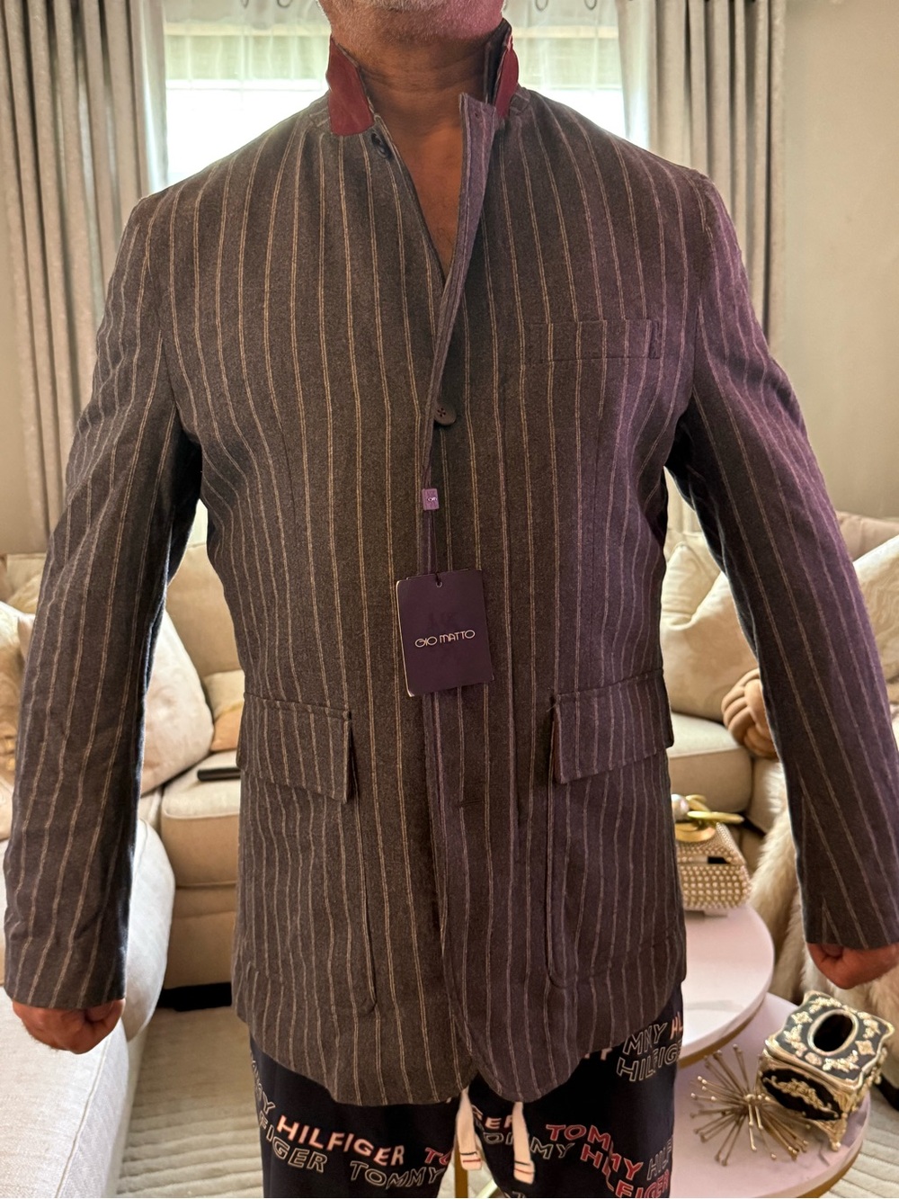 Abito Sartorial Made in Italy Grey  Pinstripe Sport Coat with Contrast Colla